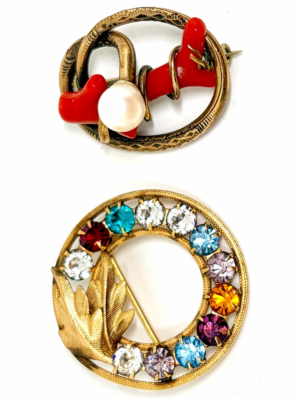 2 Antique Victorian Gold Fill Art Nouveau Dynamic Coral Pearl Crystal Brooch Pin